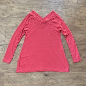 Soft Surroundings Tee Size M Pink Double V Timely Ribbed Long Sleeve